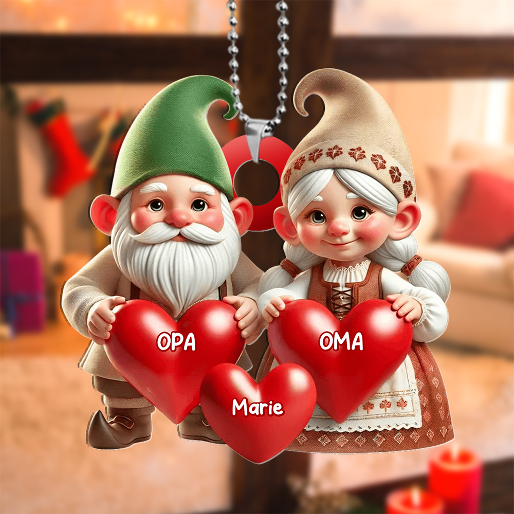 Personalisierter Weihnachtsbaumschmuck mit Herzen und Namen – Wichtel-Familie