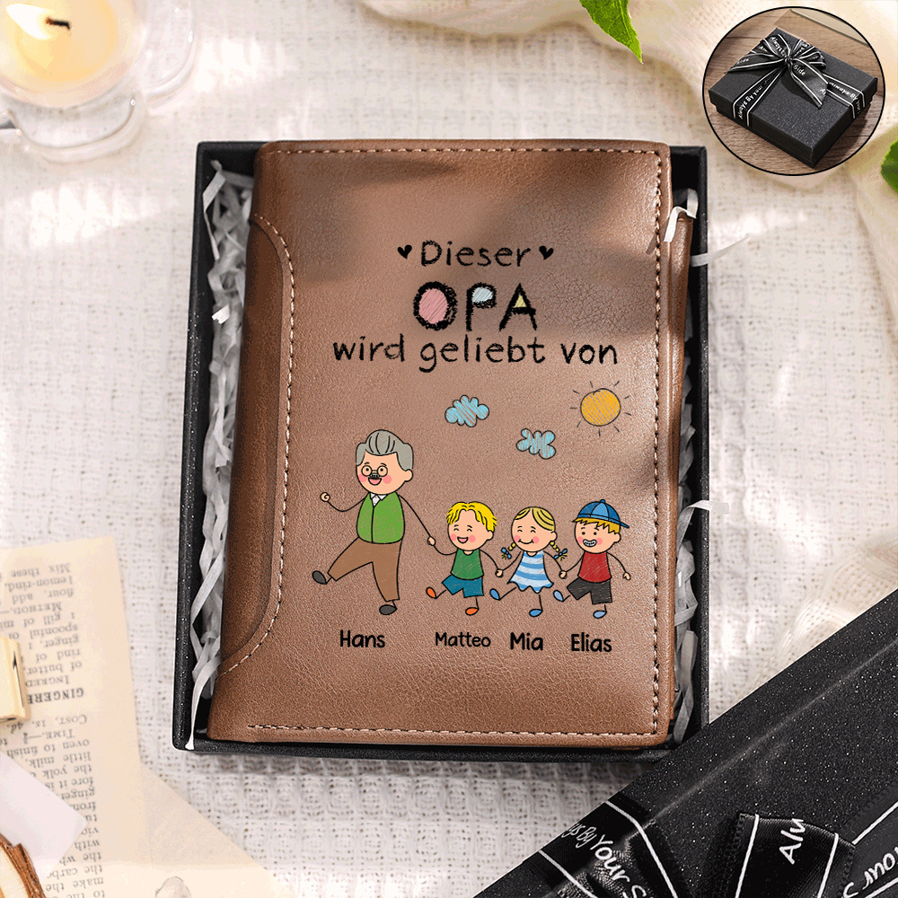 Personalisierte Leder-Geldbörse für Papa Opa mit 1–8 Namen und Kinderfiguren