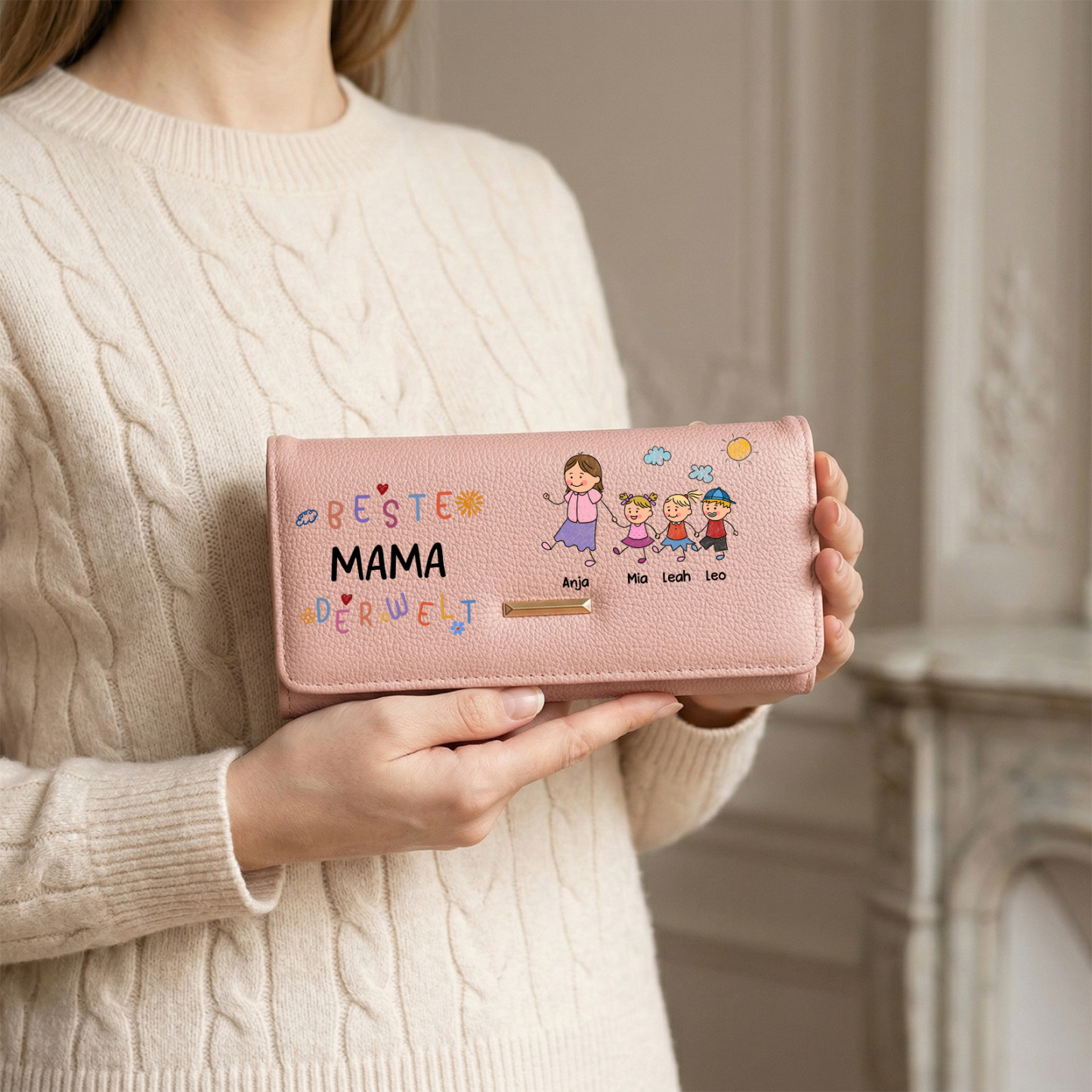 Personalisierte Leder-Geldbörse Beste Mama aller Zeiten mit Familienmotiv personalisiert mit 1 bis 8 Namen