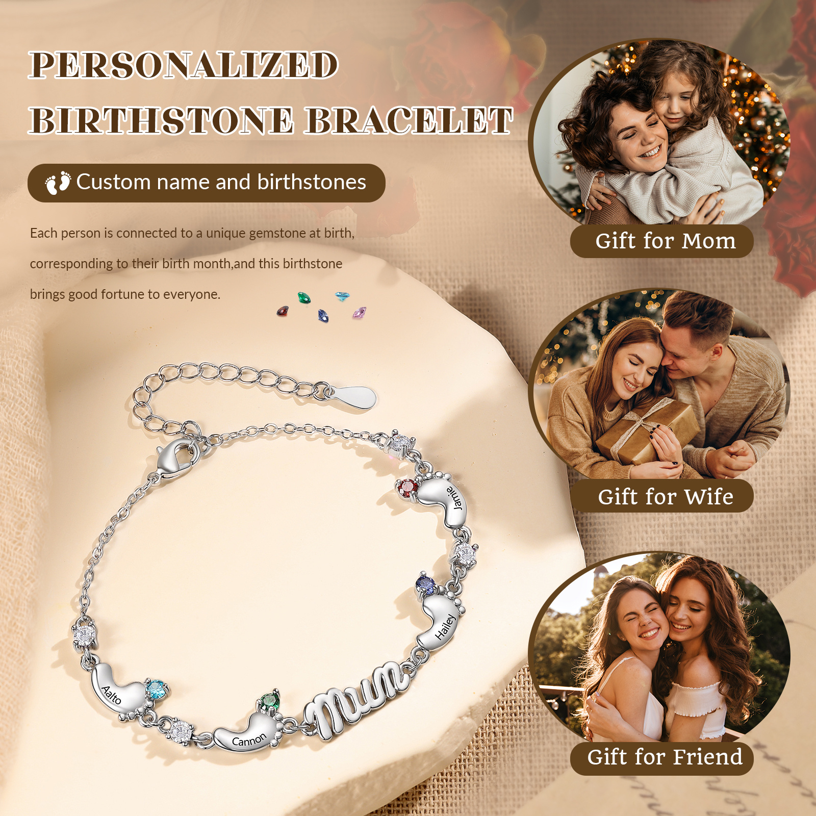 Personalisiertes Mama Armband mit 2–5 Babyfüßen, Namen und Geburtssteinen