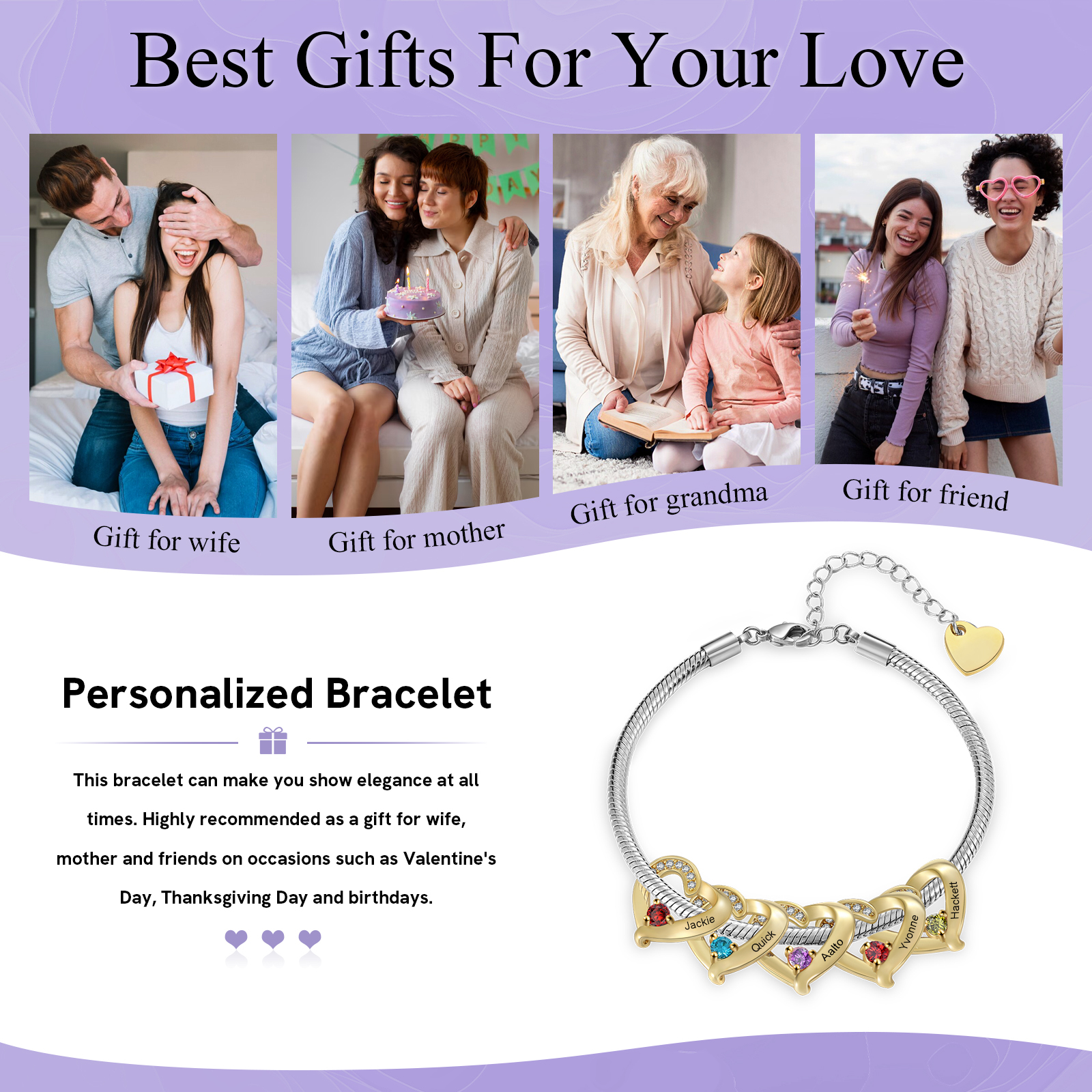 Personalisiertes Herz-Geburtsstein-Armband – Individuell mit 1-5 Namen und Geburtssteinen – Geschenk für Mama, Ehefrau, Freundin, Oma