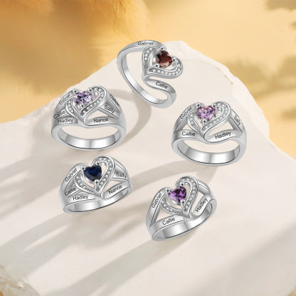 “Personalisierter Herzring für Damen mit 2–6 Namen & 1 Geburtsstein