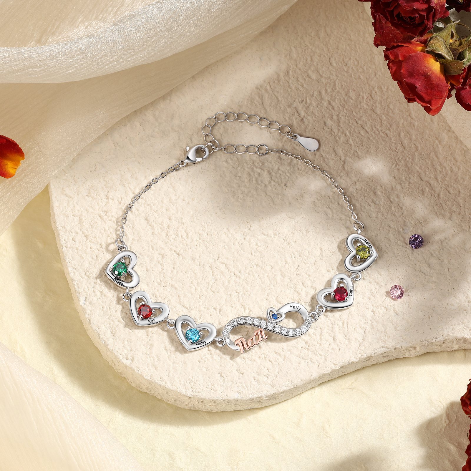 Personalisiertes Infinity-Herz Armband mit Geburtssteinen für Mama mit 2–6 Namen personalisiert