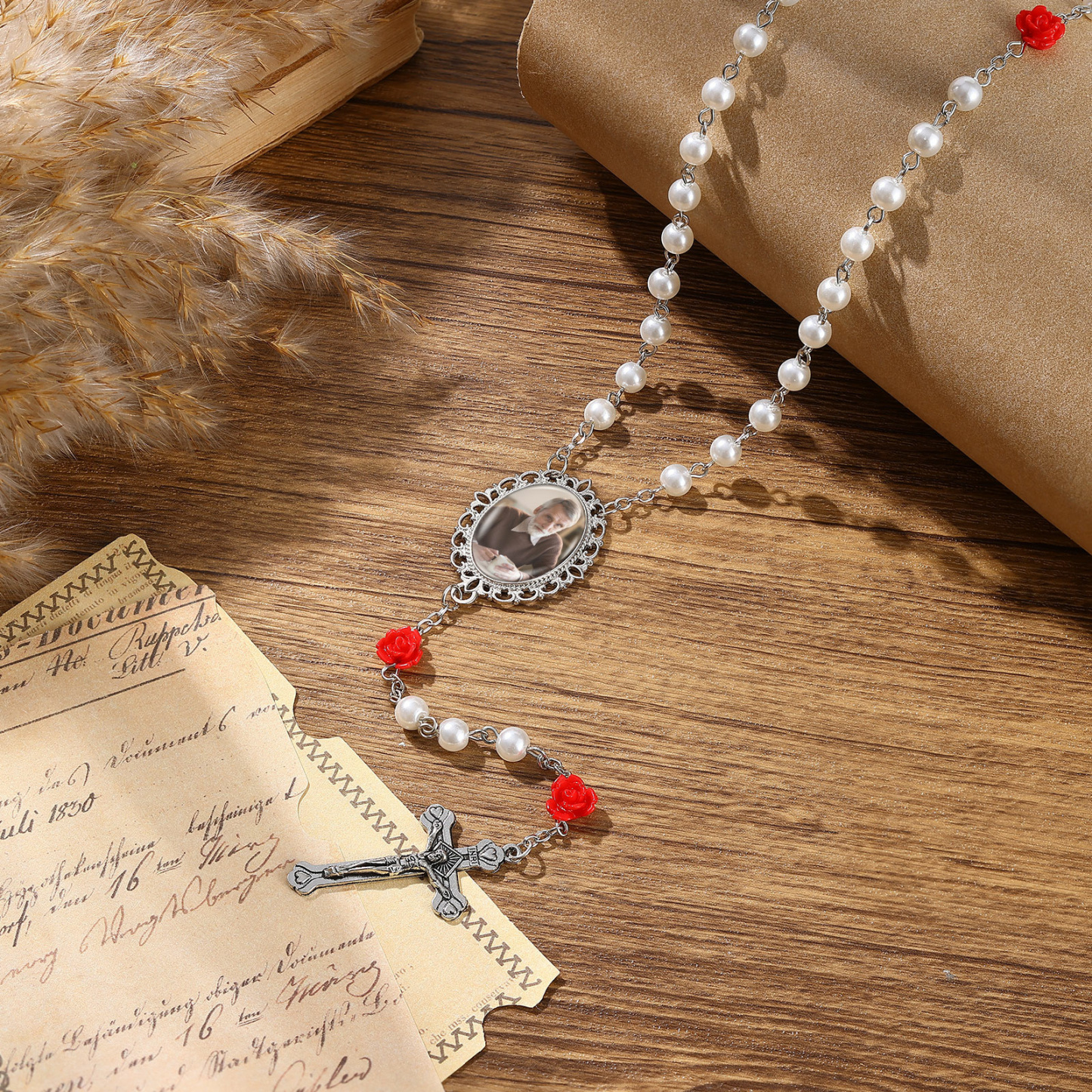 Personalisierter Rosenkranz mit Foto, Kreuz und Perlen religiöses Andenken