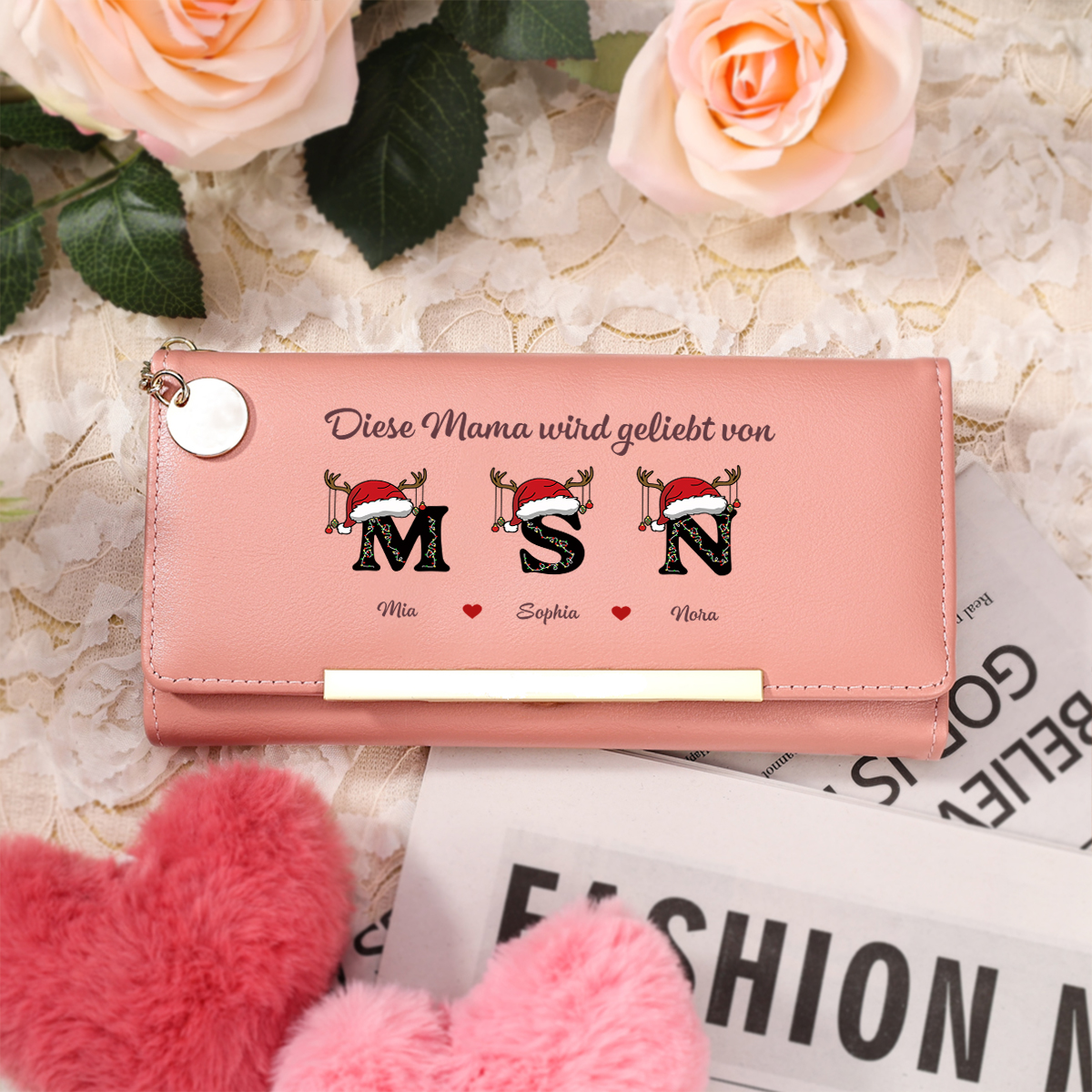 Personalisiert Rosa Damengeldbörse mit Großbuchstaben und Weihnachtsmannmütze – das beste Geschenk für Mama