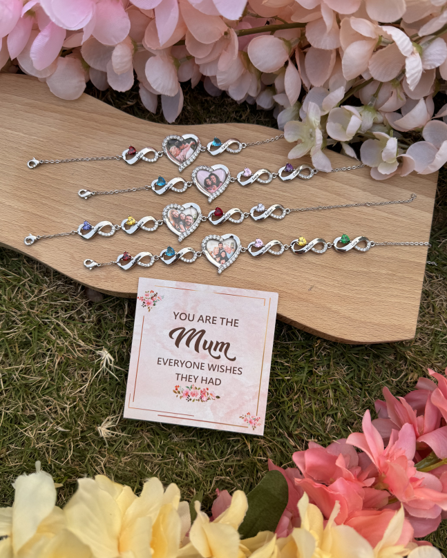 Infinity Personalisiertes Armband mit 1 Herz-Foto und 2 Namen & Geburtssteinen