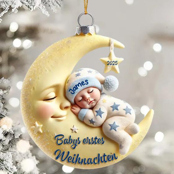 Babys erstes Weihnachten – Personalisierter Christbaumanhänger Mond & Sterne mit Name und Jahr