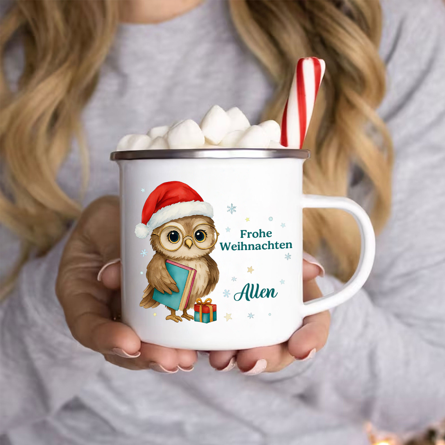 Personalisiert Weihnachts-Emailletasse, Tiermotiv — “Frohe Weihnachten”