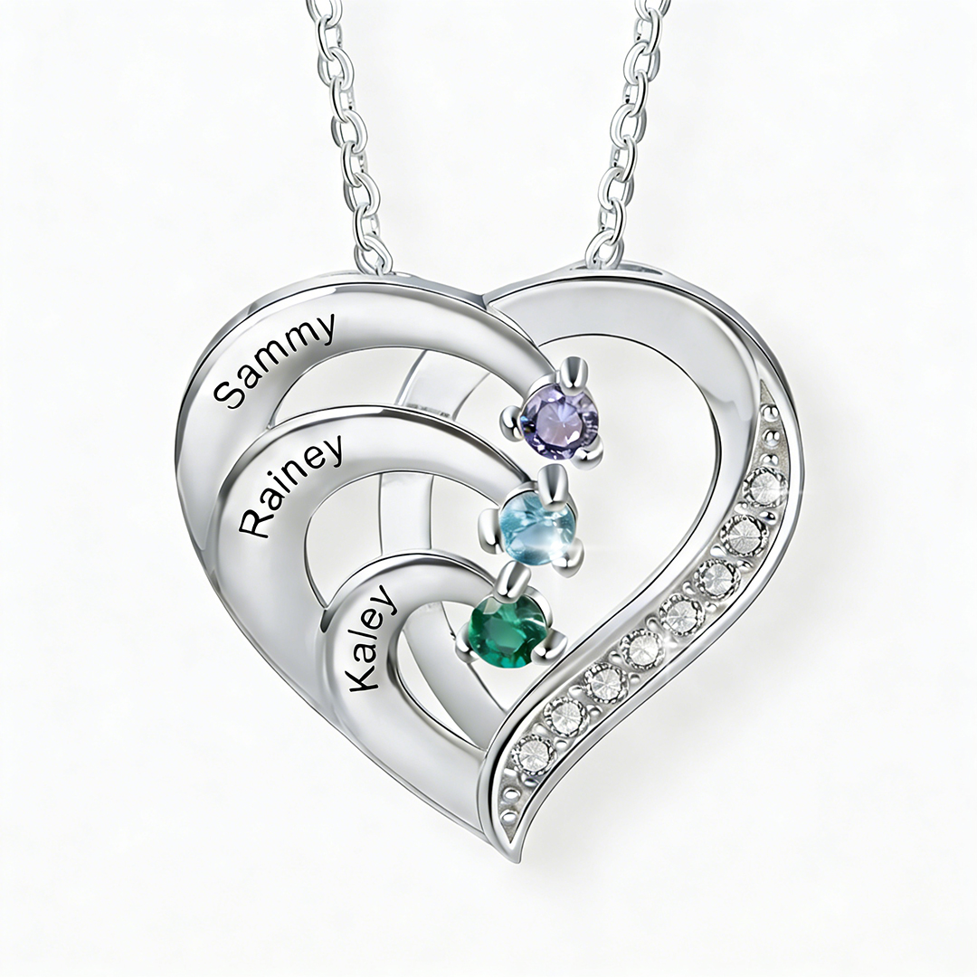 925 Sterling Silber Personalisierte Herz Halskette mit 3 Geburtssteinen und 3 Namen