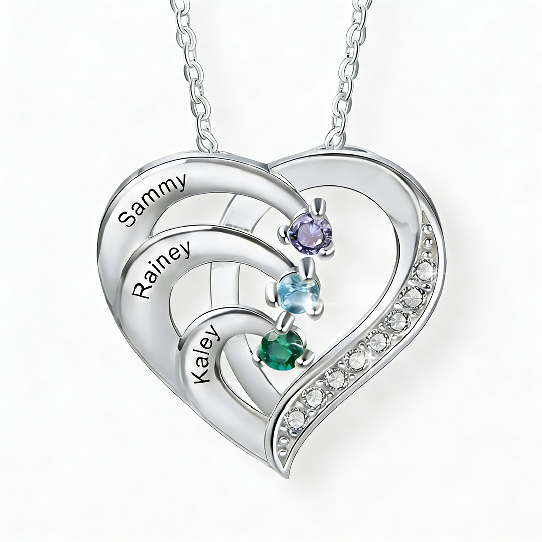 925 Sterling Silber Personalisierte Herz Halskette mit 3 Geburtssteinen und 3 Namen