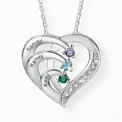 925 Sterling Silber Personalisierte Herz Halskette mit 3 Geburtssteinen und 3 Namen