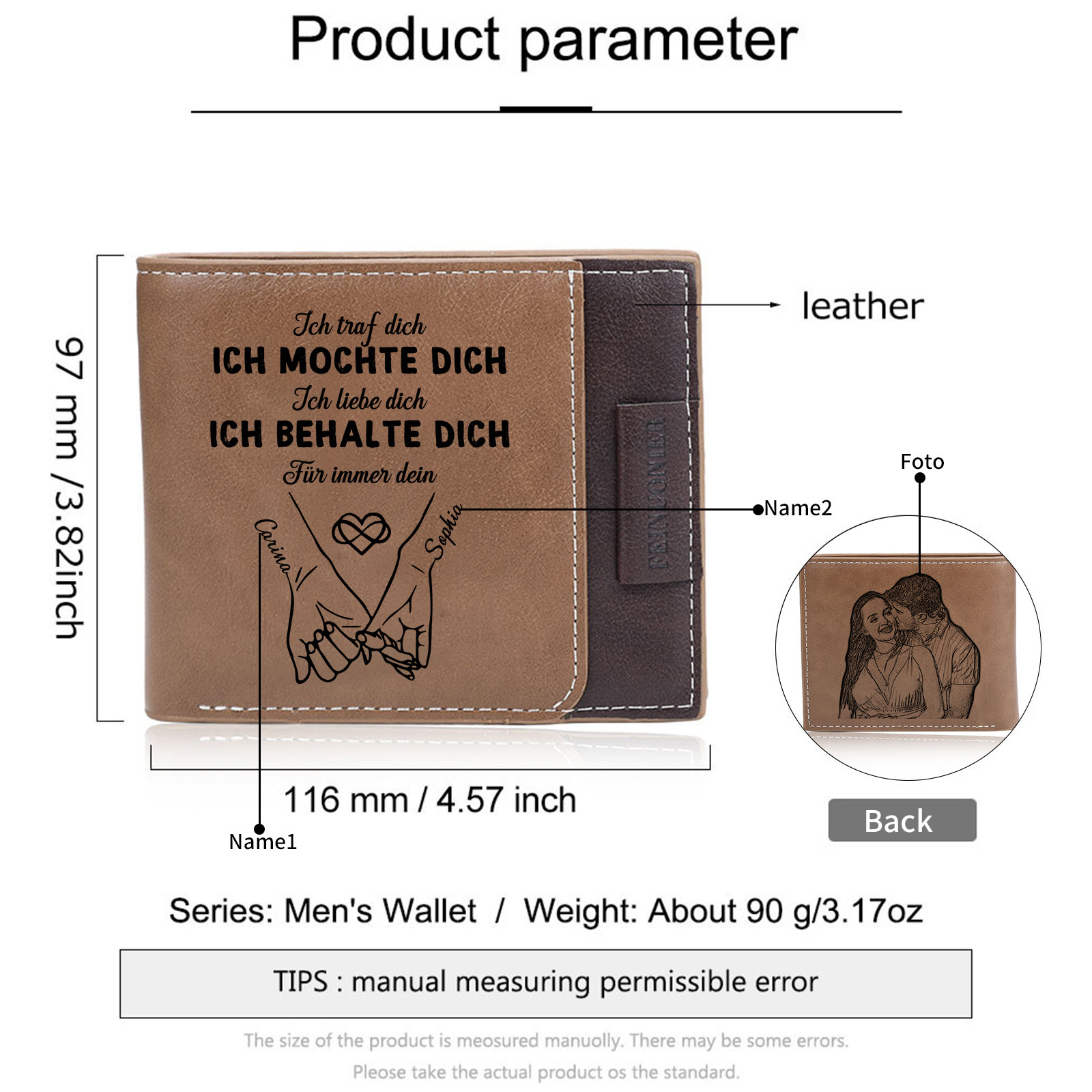 Personalisierte Herren-Ledergeldbörse mit Foto-Gravur und zwei Namen, zweifach klappbar