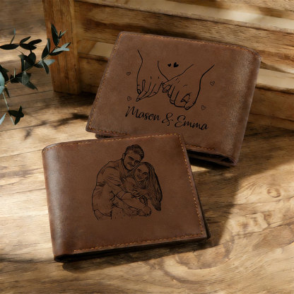 Personalisierte braune Ledergeldbörse für Herren mit individuellem Foto – Paar-Kleiner Fingerschwur-Brieftasche