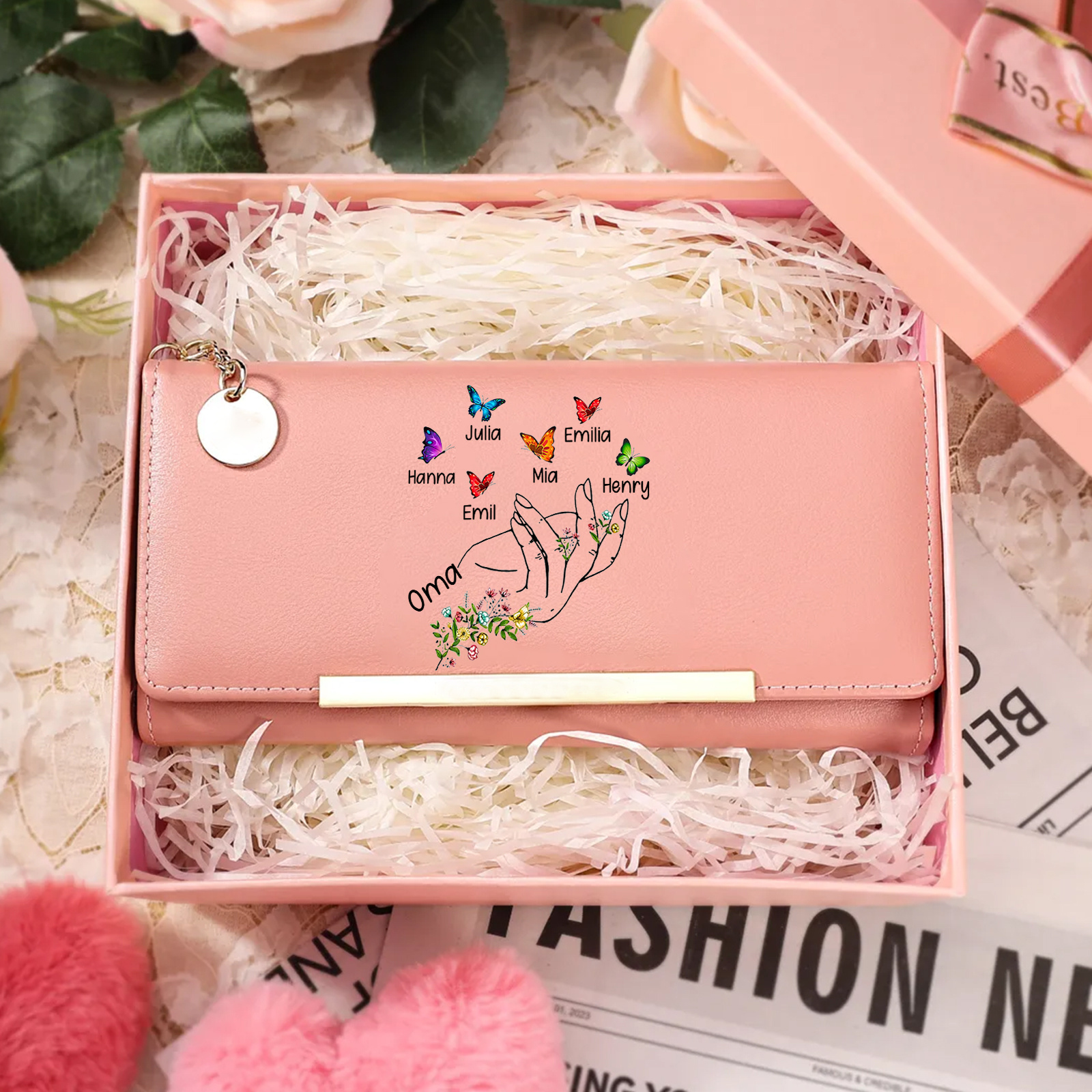 Personalisierte Damen Geldbörse mit Blumenmotiv und Schmetterlingen gestaltet mit 2–8 Namen