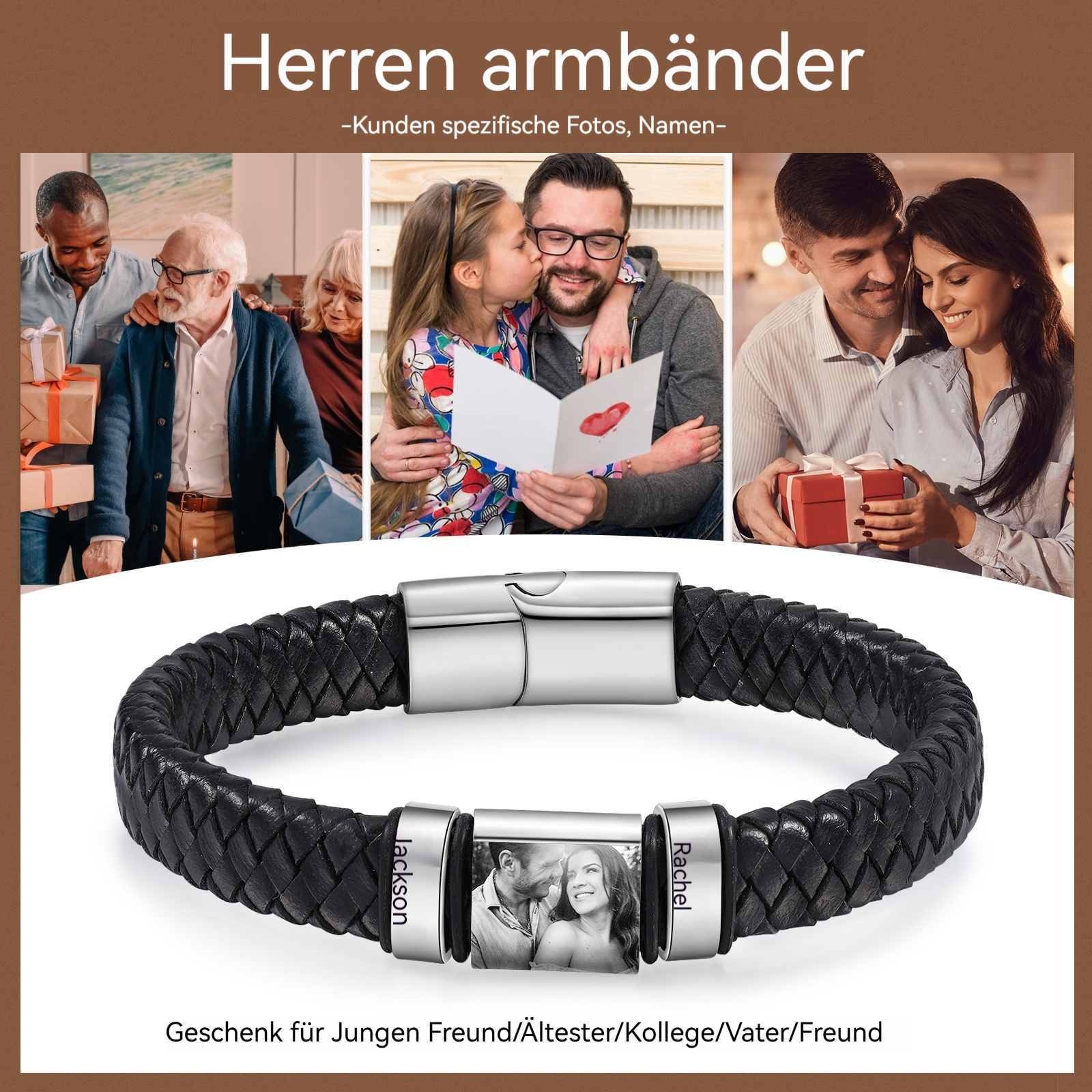 Herren Personalisierte 2-5 Namen & Foto Geflochtenes Leder Armband