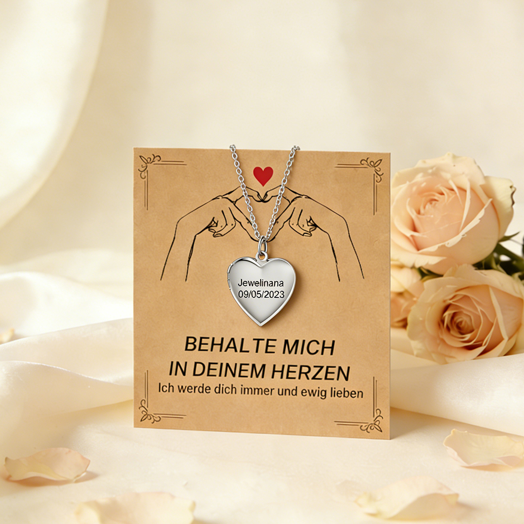 Personalisierte Herz Medaillon Kette mit Foto als Geschenkset mit Karte
