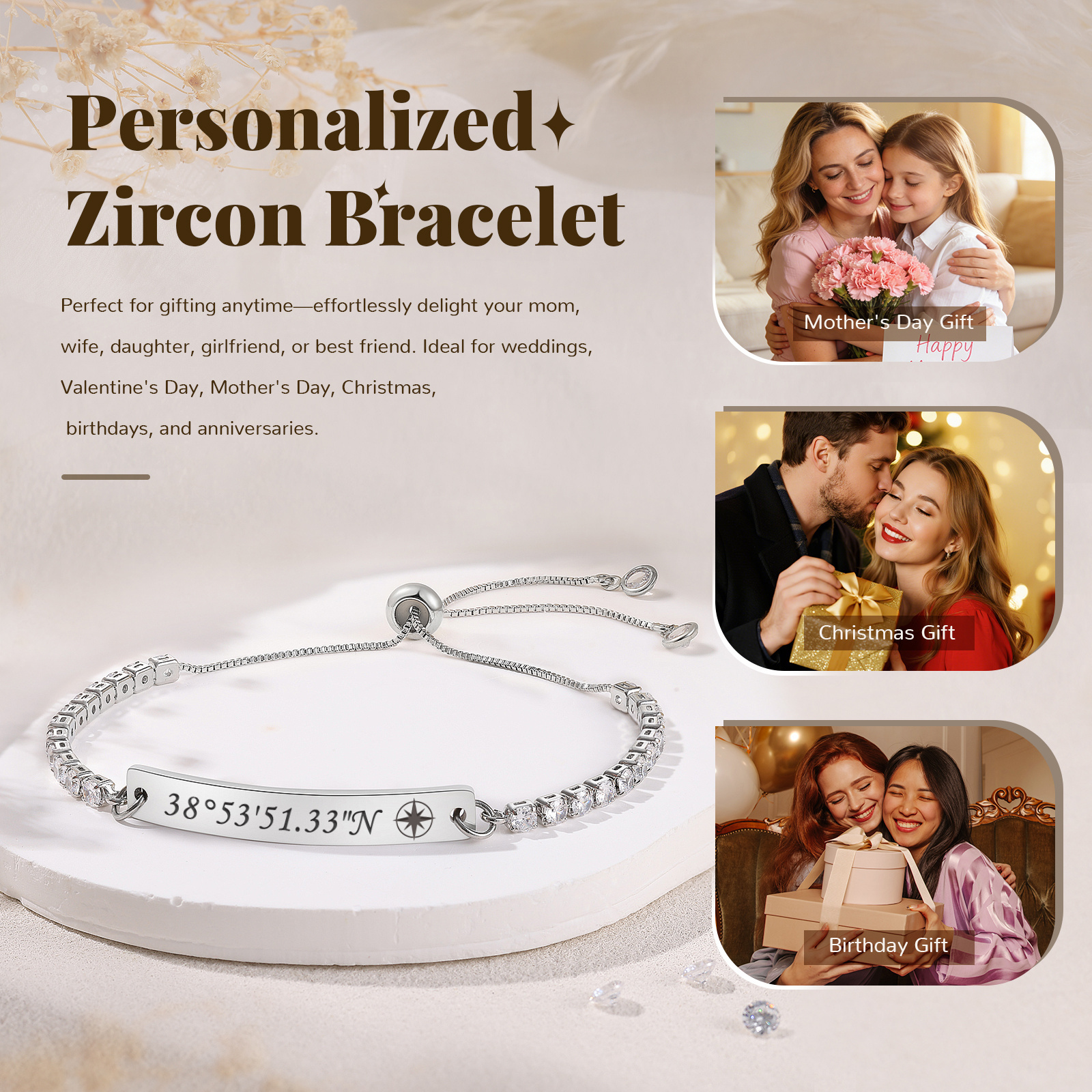 Individuelles Zirkonia-Tennisarmband mit graviertem Namen