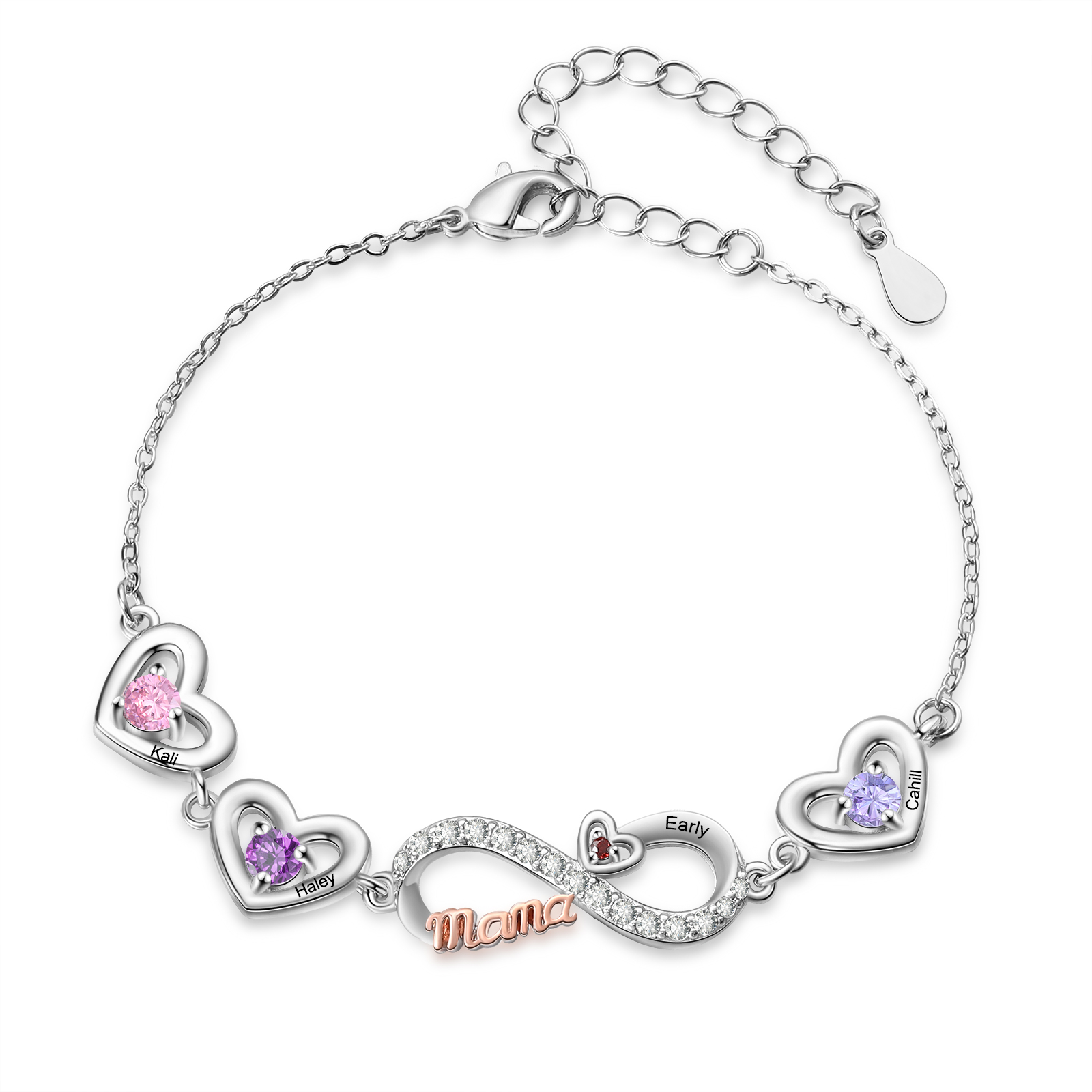 Personalisiertes Infinity-Herz Armband mit Geburtssteinen für Mama mit 2–6 Namen personalisiert