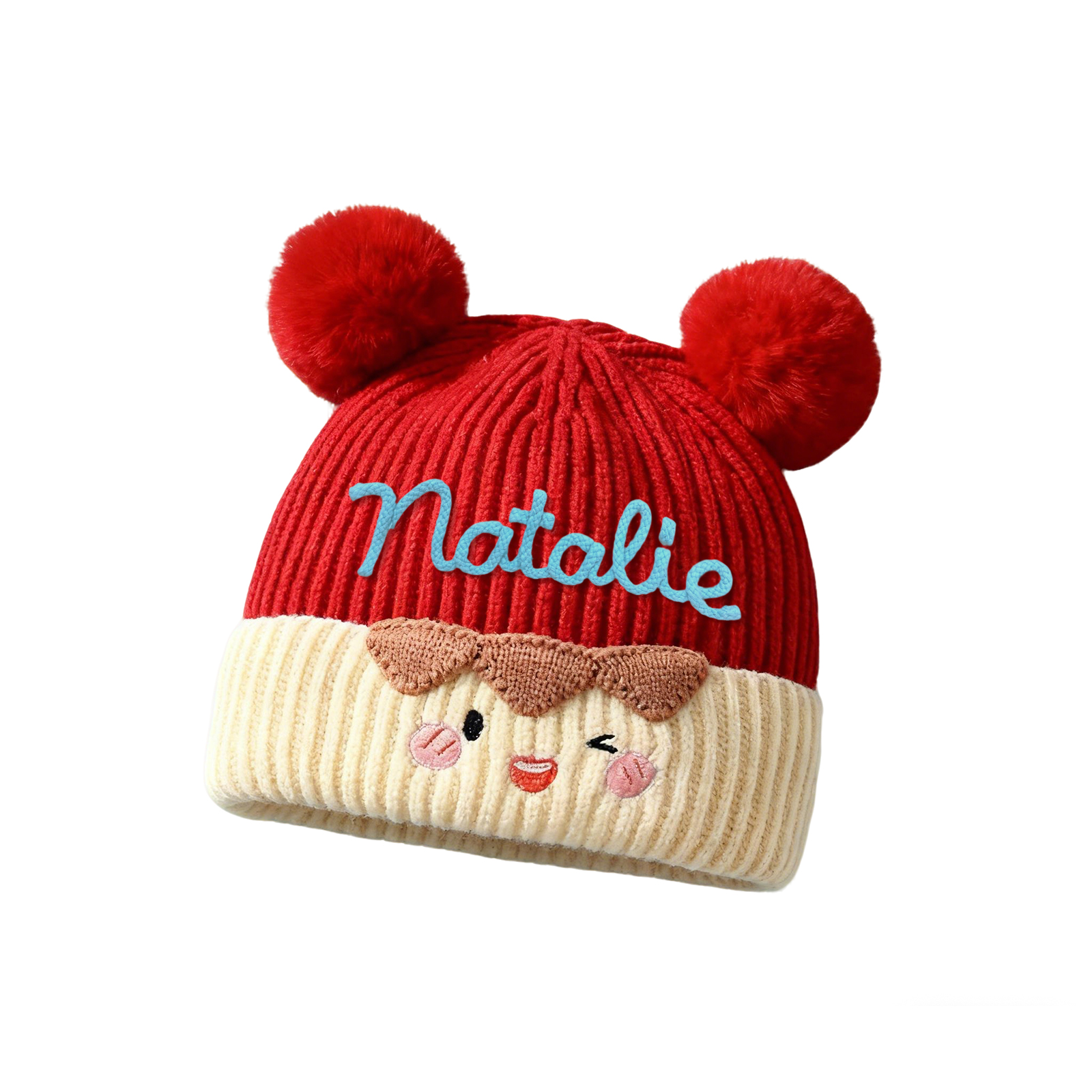 Bestickte warme Kinder-Beanie-Strickmütze mit Bommel und Wunschnamen