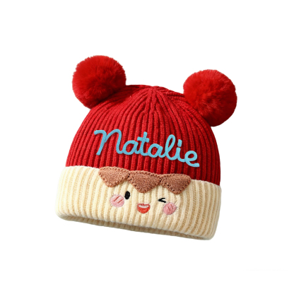 Bestickte warme Kinder-Beanie-Strickmütze mit Bommel und Wunschnamen