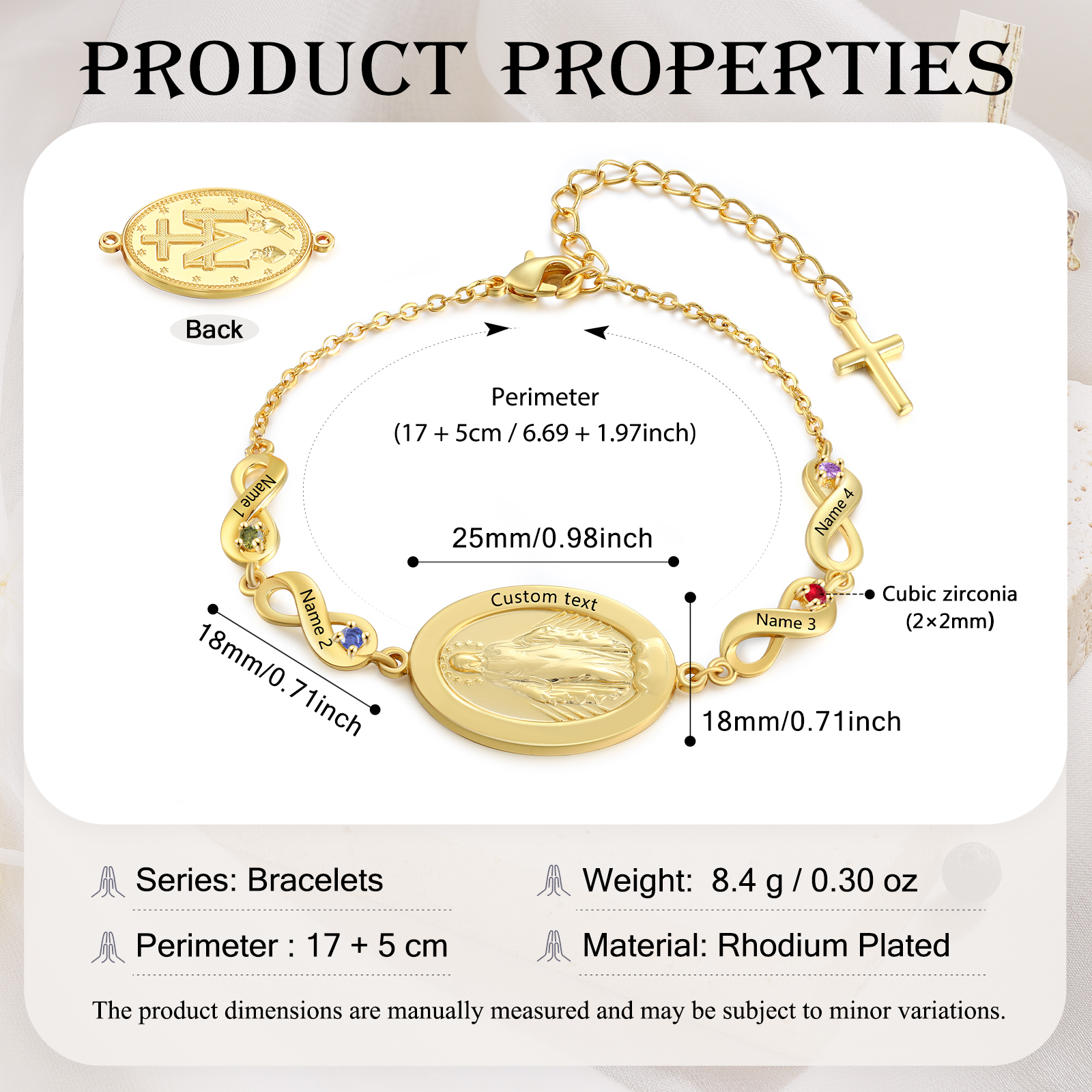 Personalisierbares Infinity-Armband aus Gold mit Marienmedaille & Geburtsstein