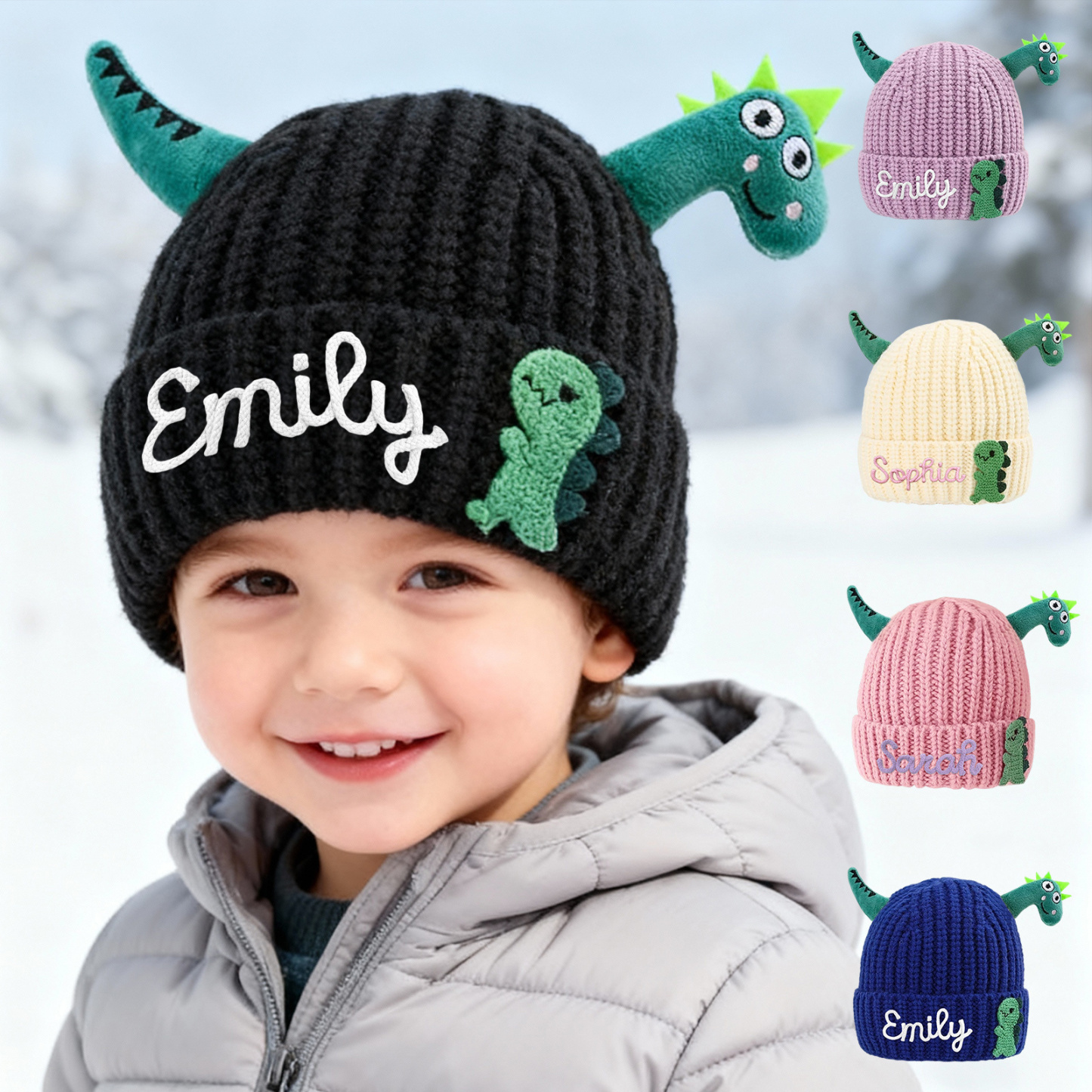 Personalisierte Dinosaurier-Mützen mit Namen für Kleinkinder – handbestickte Kindermütze