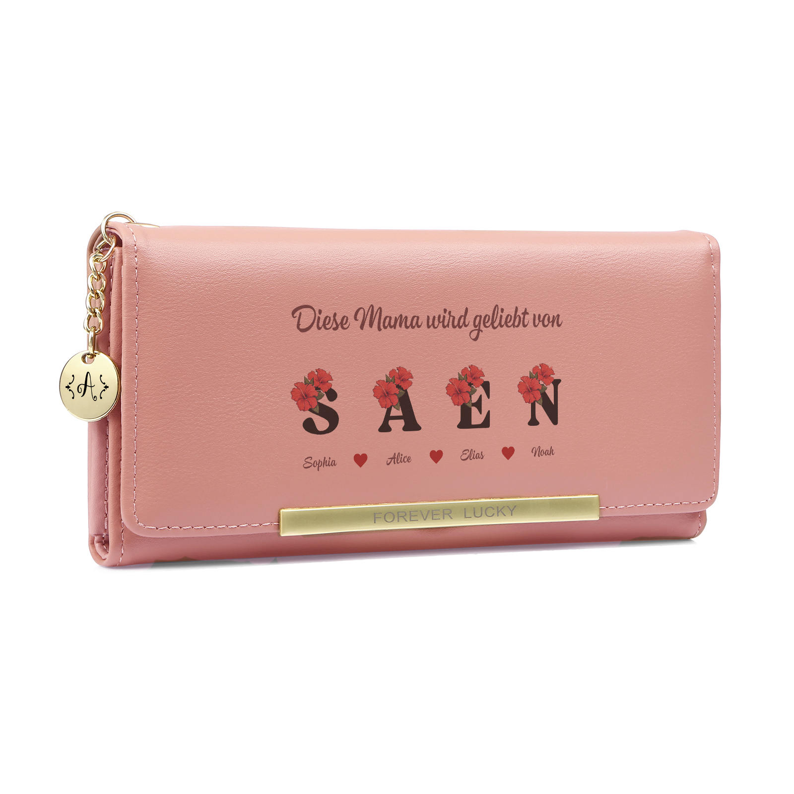Personalisierte Damen-Geldbörse mit Blumenmotiv und 1–10 Namen und Buchstaben