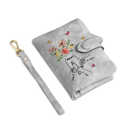 Personalisierte PU-Leder-Geldbörse mit Blumen und Hand-in-Hand-Motiv sowie 2–6 Namen – liebevolles Geschenk für Mama
