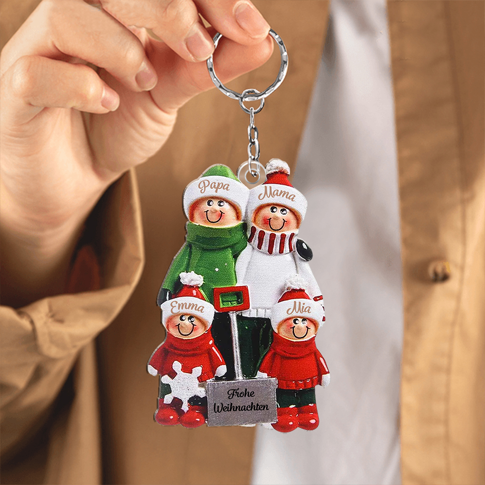 Personalisierter Weihnachts-Schlüsselanhänger mit Namen – Familie beim Schneeschaufeln