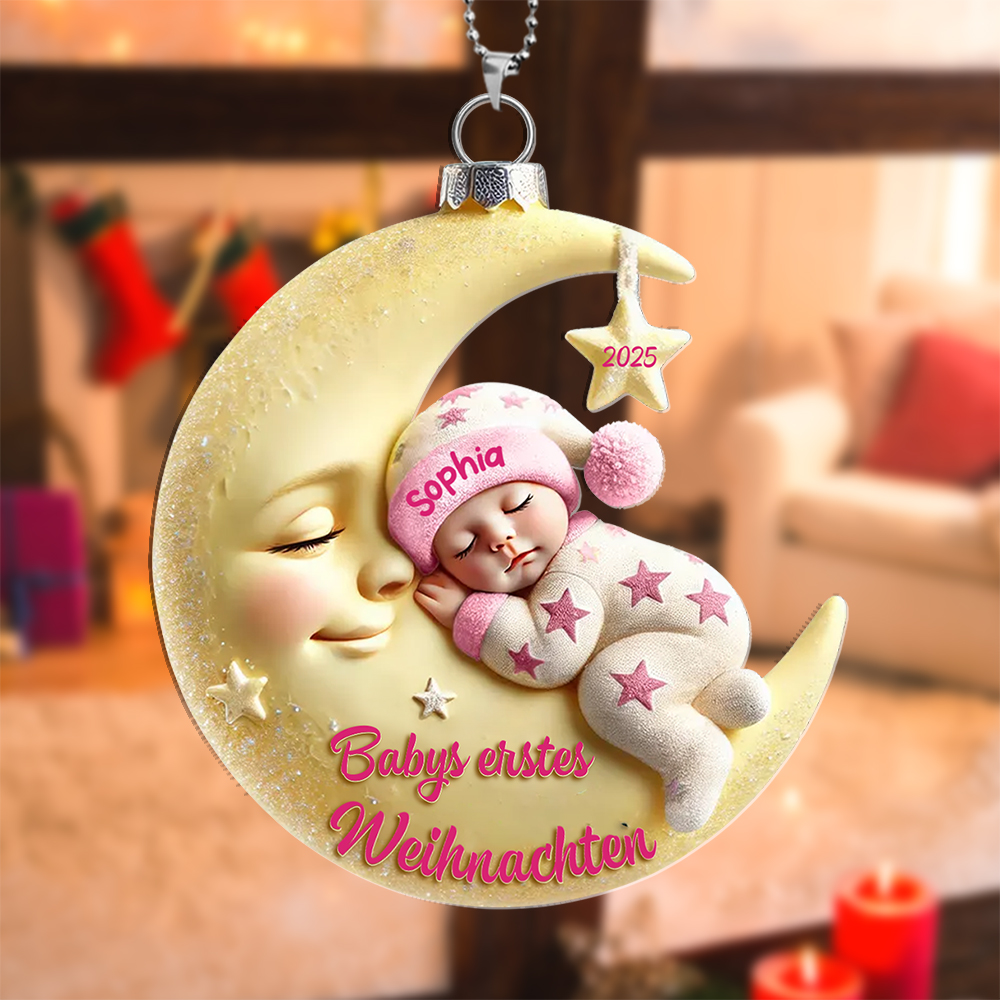 Babys erstes Weihnachten – Personalisierter Christbaumanhänger Mond & Sterne mit Name und Jahr
