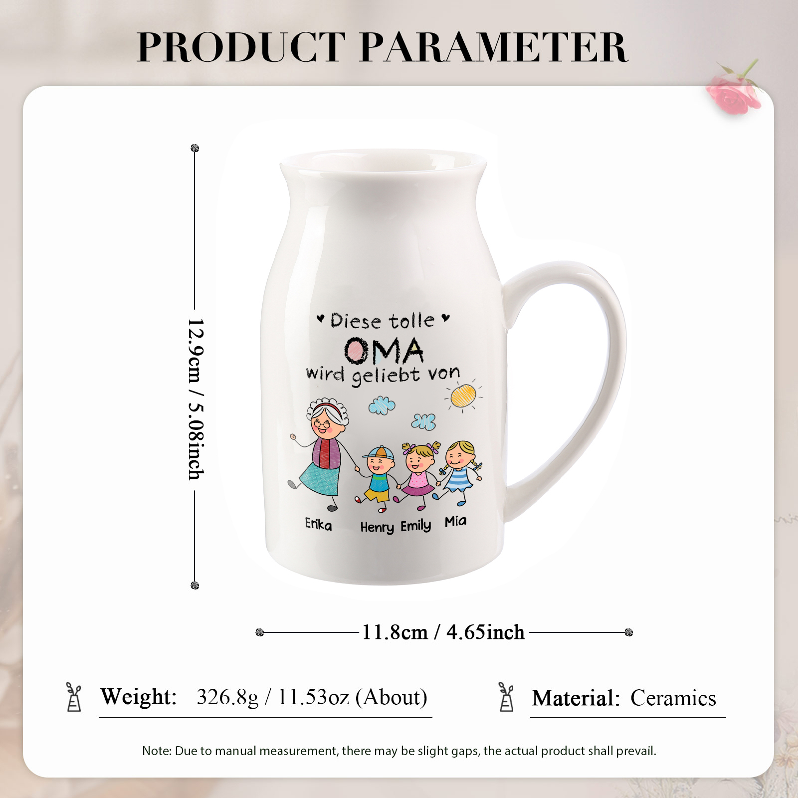 Personalisierte Blumenvase aus Keramik für Oma gestaltet mit 1–8 Namen und süßen Kinderfiguren