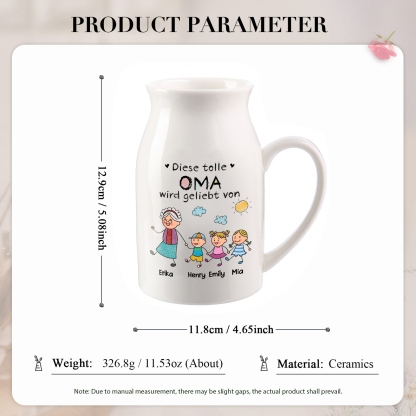 Personalisierte Blumenvase aus Keramik für Oma gestaltet mit 1–8 Namen und süßen Kinderfiguren