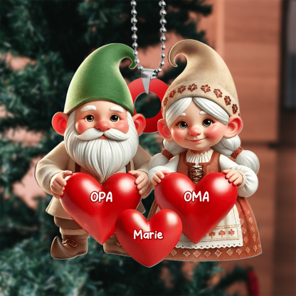 Personalisierter Weihnachtsbaumschmuck mit Herzen und Namen – Wichtel-Familie