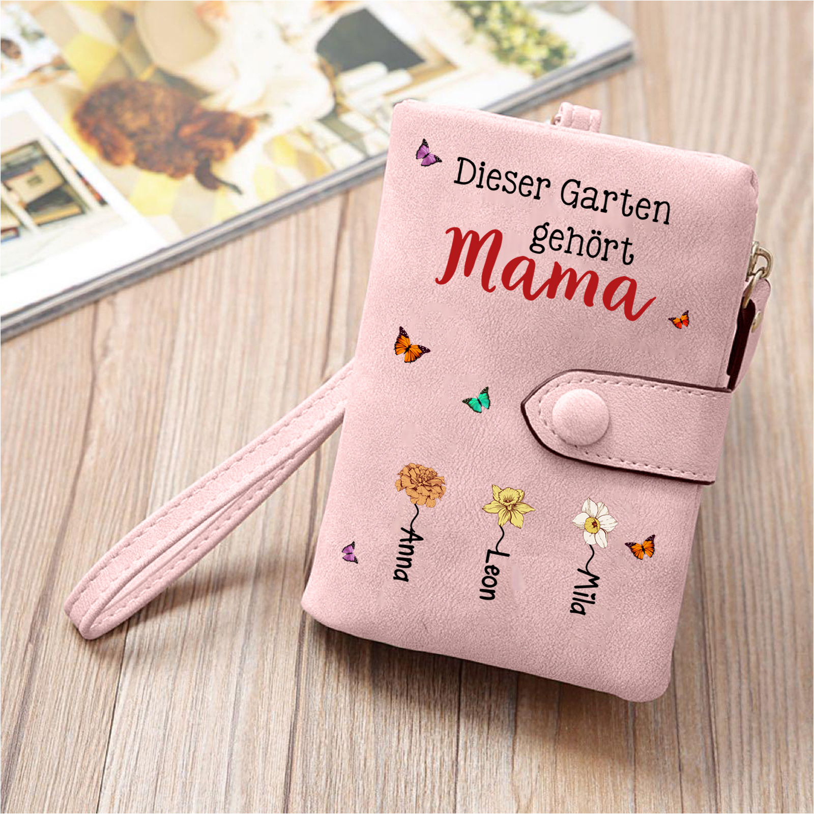 Personalisierte Geldbörse „Mamas/Omas Garten“ mit Blumen & Kindernamen – Geschenk zum Muttertag/Omatag