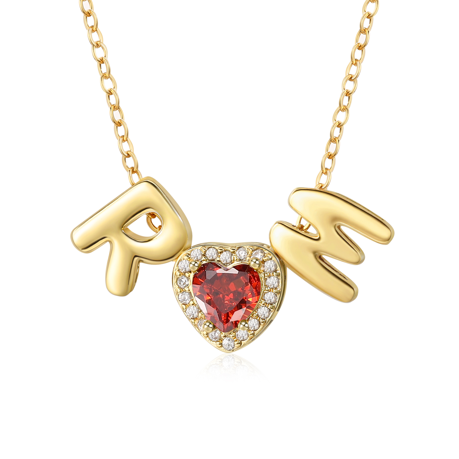 Personalisierte Halskette mit individuellen Buchstaben in Bubble-Schrift und Herz-Geburtsstein