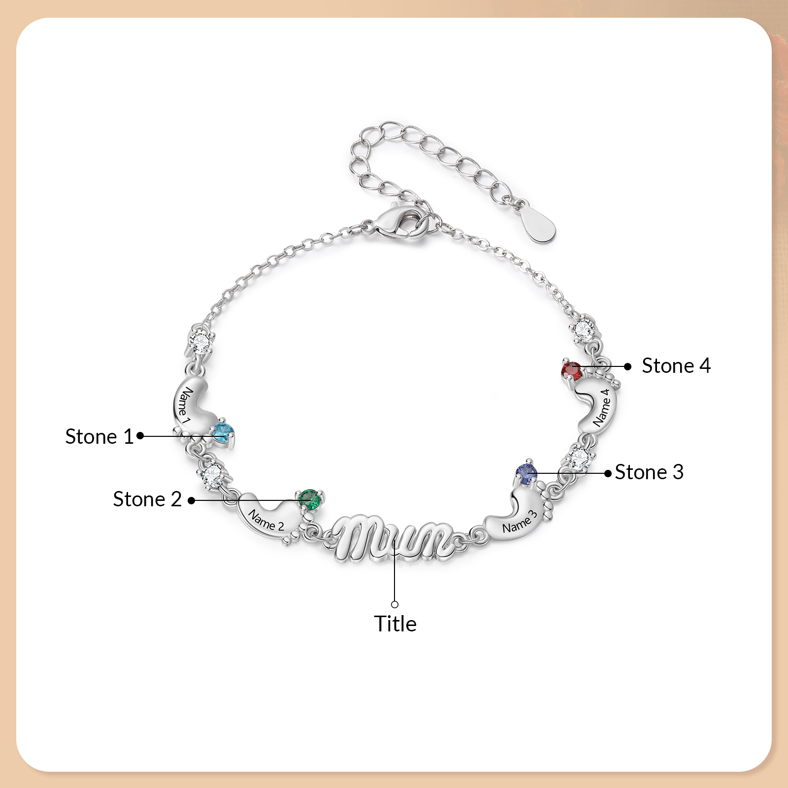 Personalisiertes Mama Armband mit 2–5 Babyfüßen, Namen und Geburtssteinen