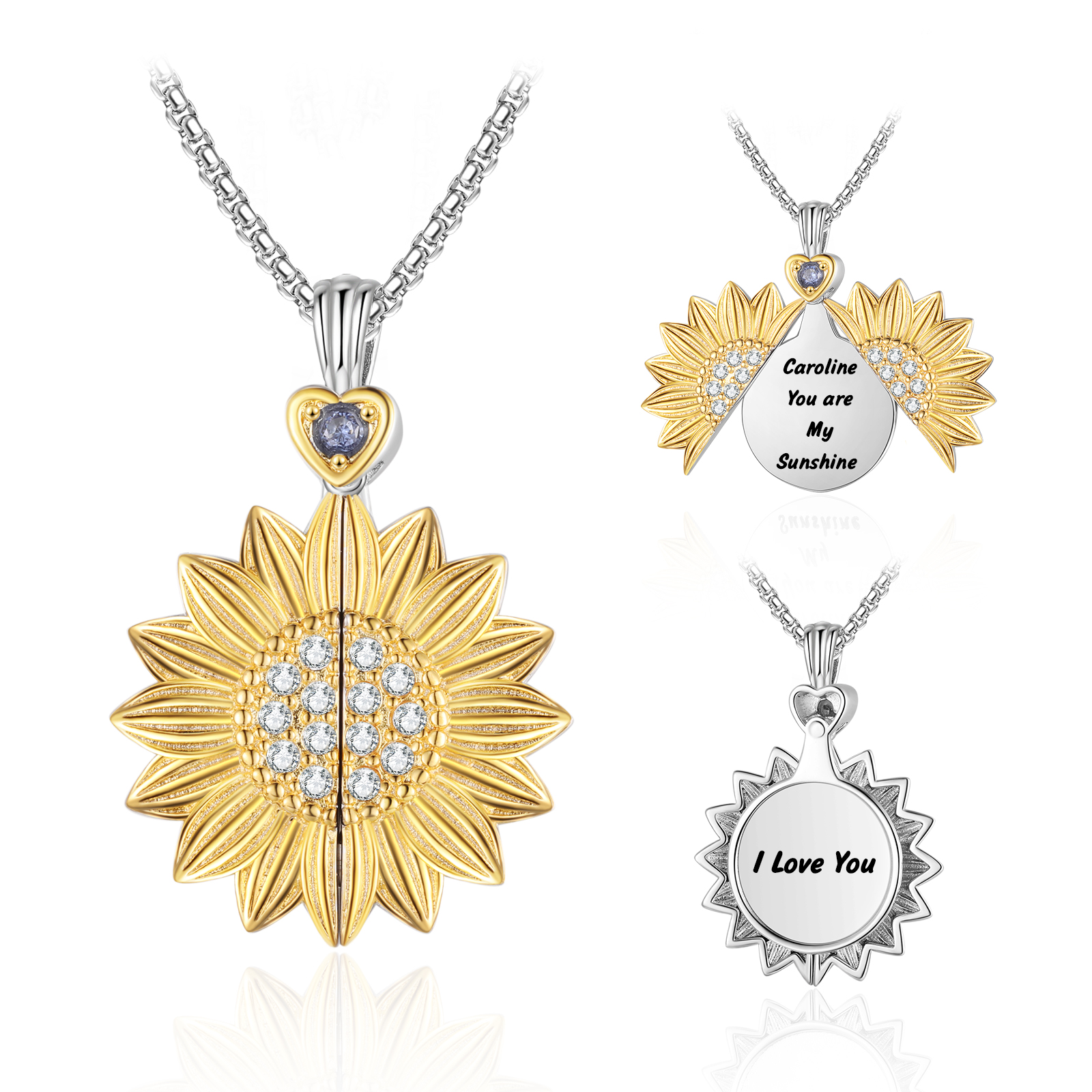 Personalisierte Gravur Zirkonia Aufklappbare öffnen Sonnenblumen-HalsKette——Beide Seiten können bearbeitet werden