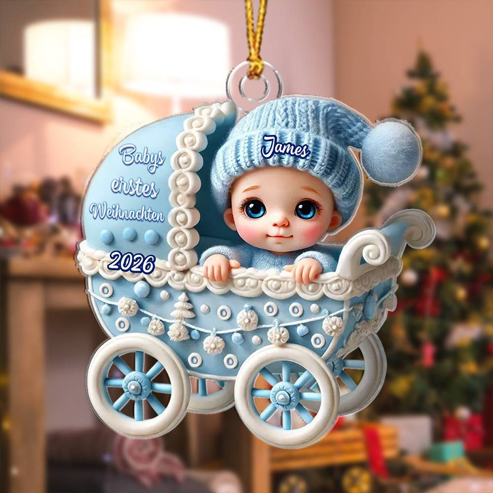 Personalisierte Weihnachtsanhänger in Form eines Kinderwagens für Babys erstes Weihnachten