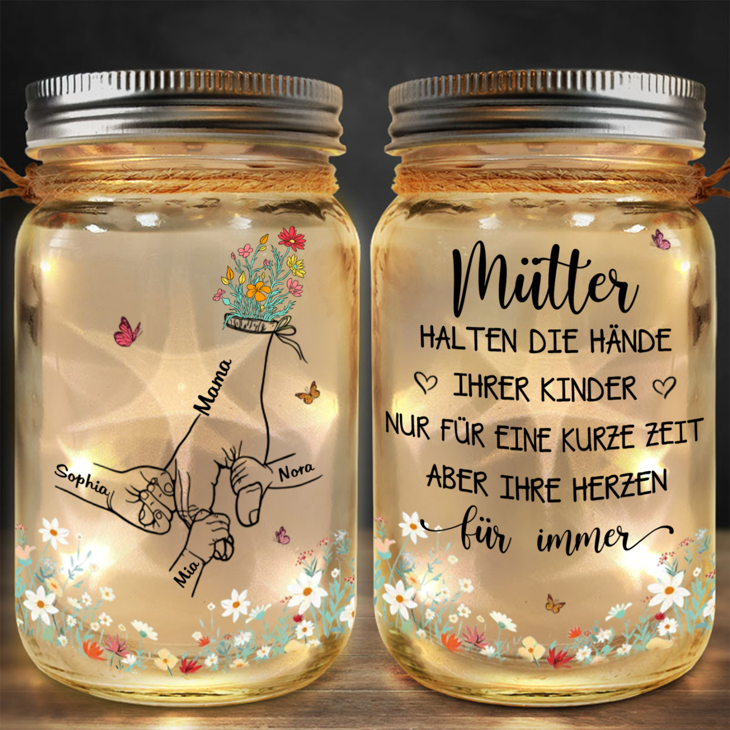 Personalisierte LED-Leuchtflaschen für Mama, Oma und Lehrerin – das perfekte Weihnachtsgeschenk als Dankeschön.