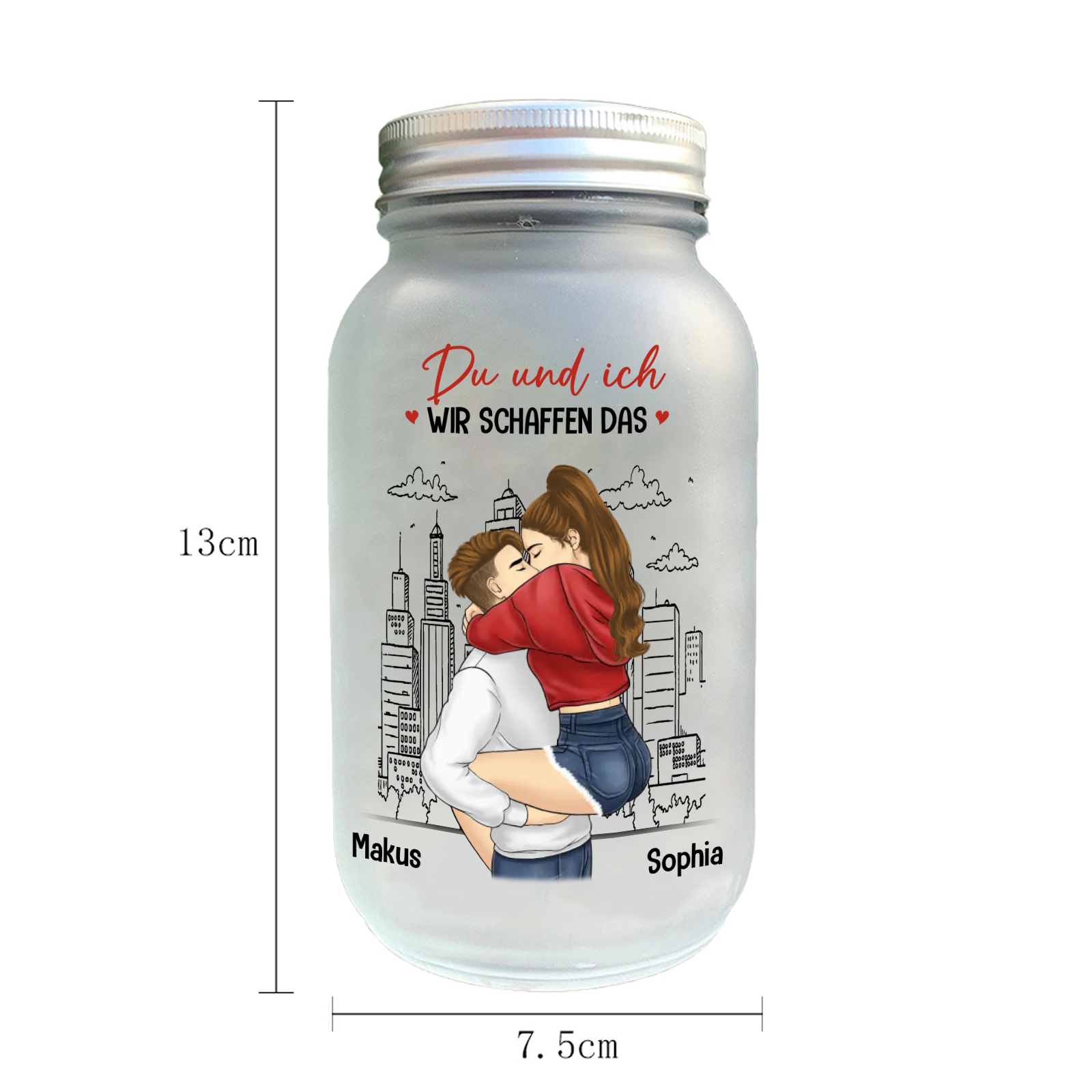 Personalisierte Solar-Einmachglas-Lampe mit umarmendem Paarmotiv – Glasflaschen-Dekoration