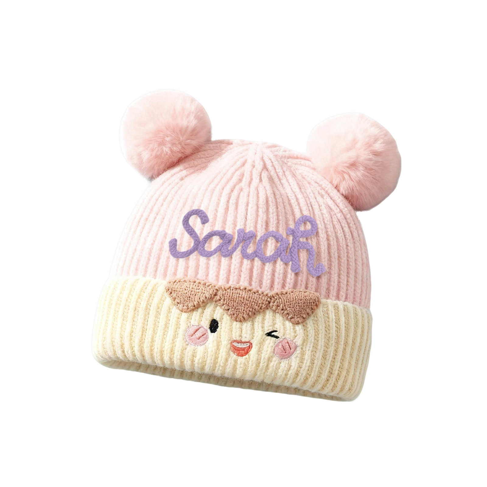 Personalisierte Baby-Wintermütze – mit Namen personalisierbar, Bestickte warme gestrickte Bommelmütze, Weihnachts- oder Geburtstagsgeschenk für Säuglinge und Kleinkinder | Kettenmachen