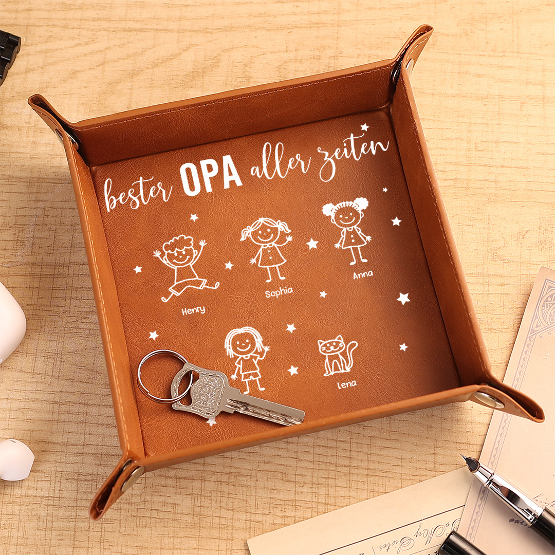Personalisierte Ablageschale aus Leder mit 1 bis 10 Kindernamen für Bester Papa/Opa der Welt