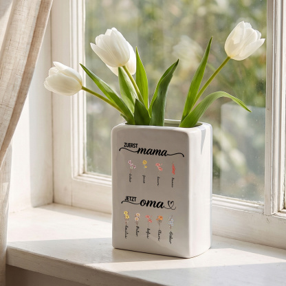 Personalisierte Keramikvase mit 2–12 Namen und Geburtsblumen Geschenk zum Muttertag für Oma