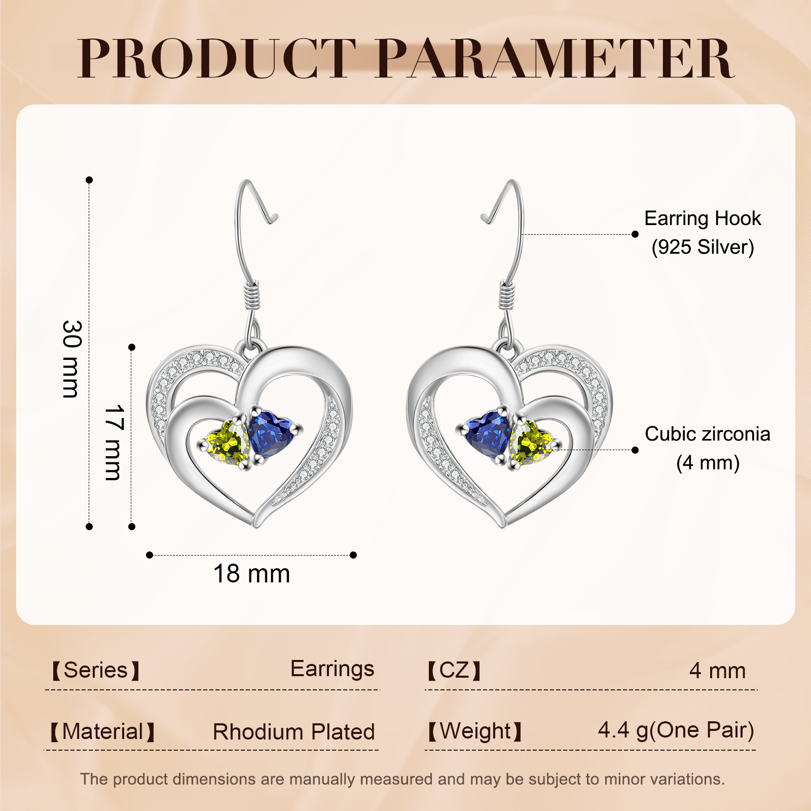 Personalisierte Herz Ohrringe mit 2 Geburtssteinen aus 925er Sterlingsilber
