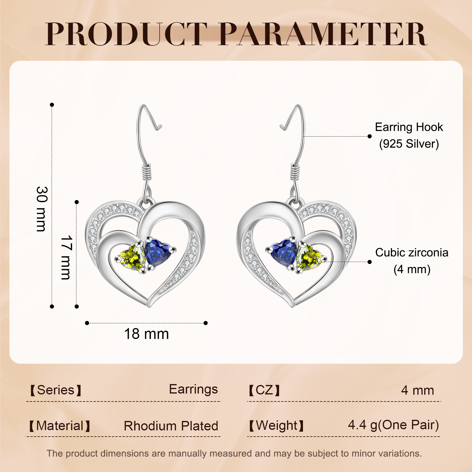 Personalisierte Herz Ohrringe mit 2 Geburtssteinen aus 925er Sterlingsilber