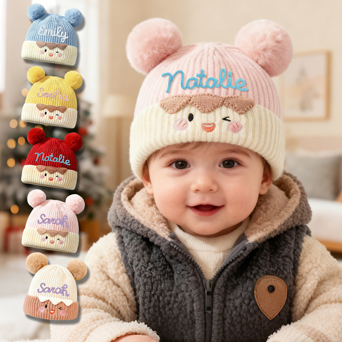 Bestickte warme Kinder-Beanie-Strickmütze mit Bommel und Wunschnamen