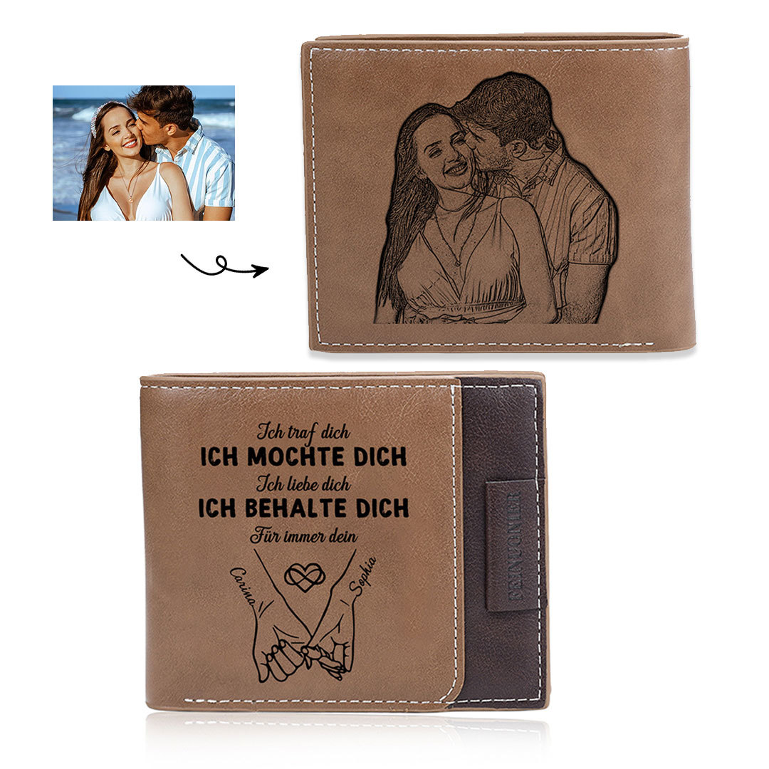 Personalisierte Herren-Ledergeldbörse mit Foto-Gravur und zwei Namen, zweifach klappbar