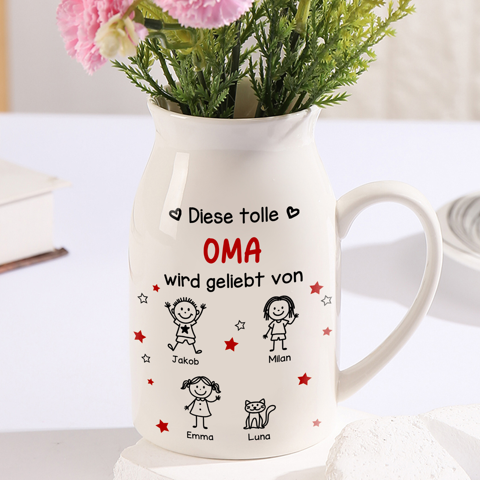 Personalisierte Keramikvase für Oma Mama individuell mit 1 bis 10 Namen und Kinderfiguren