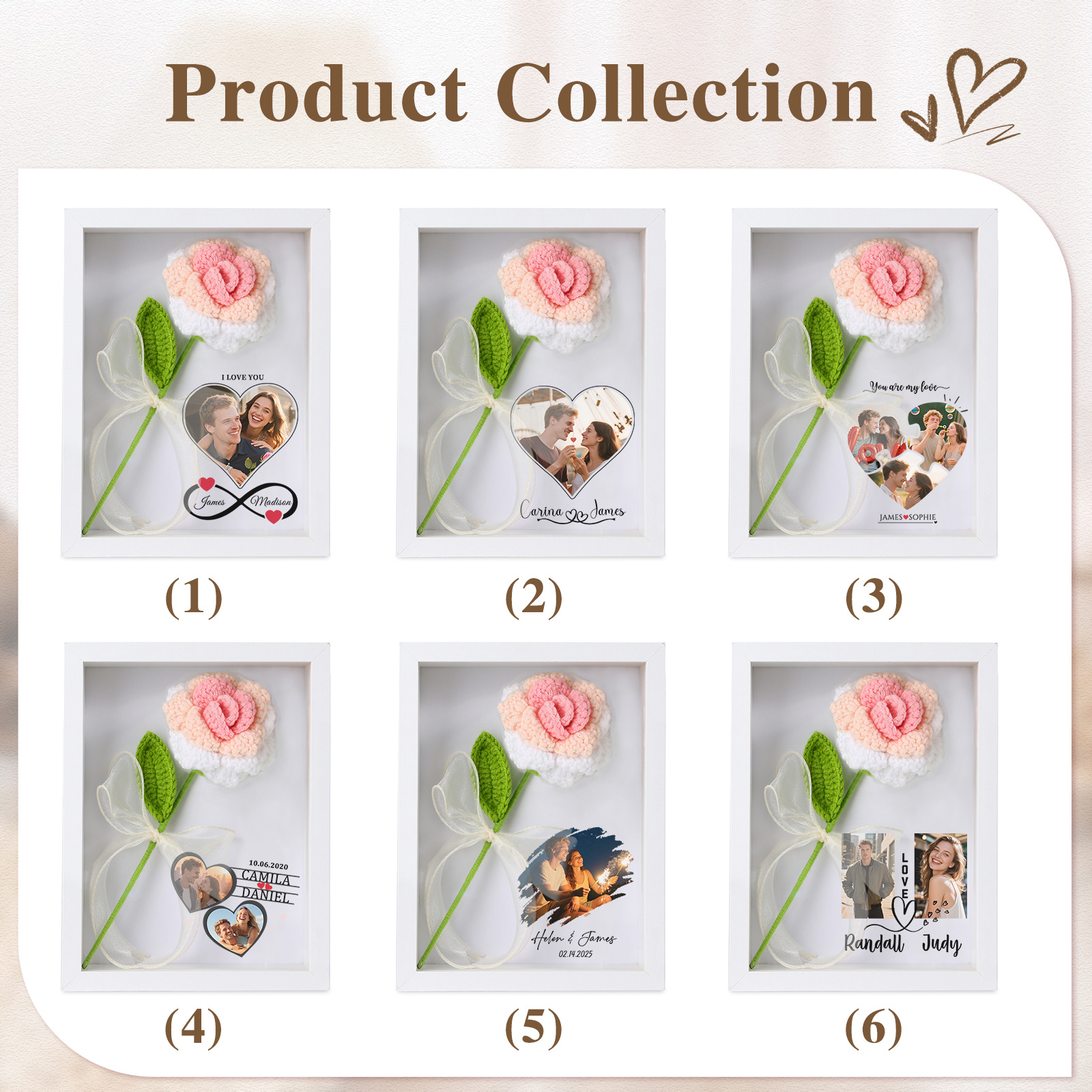 Personalisierter 3D-Rahmen mit Häkelrose für Paare