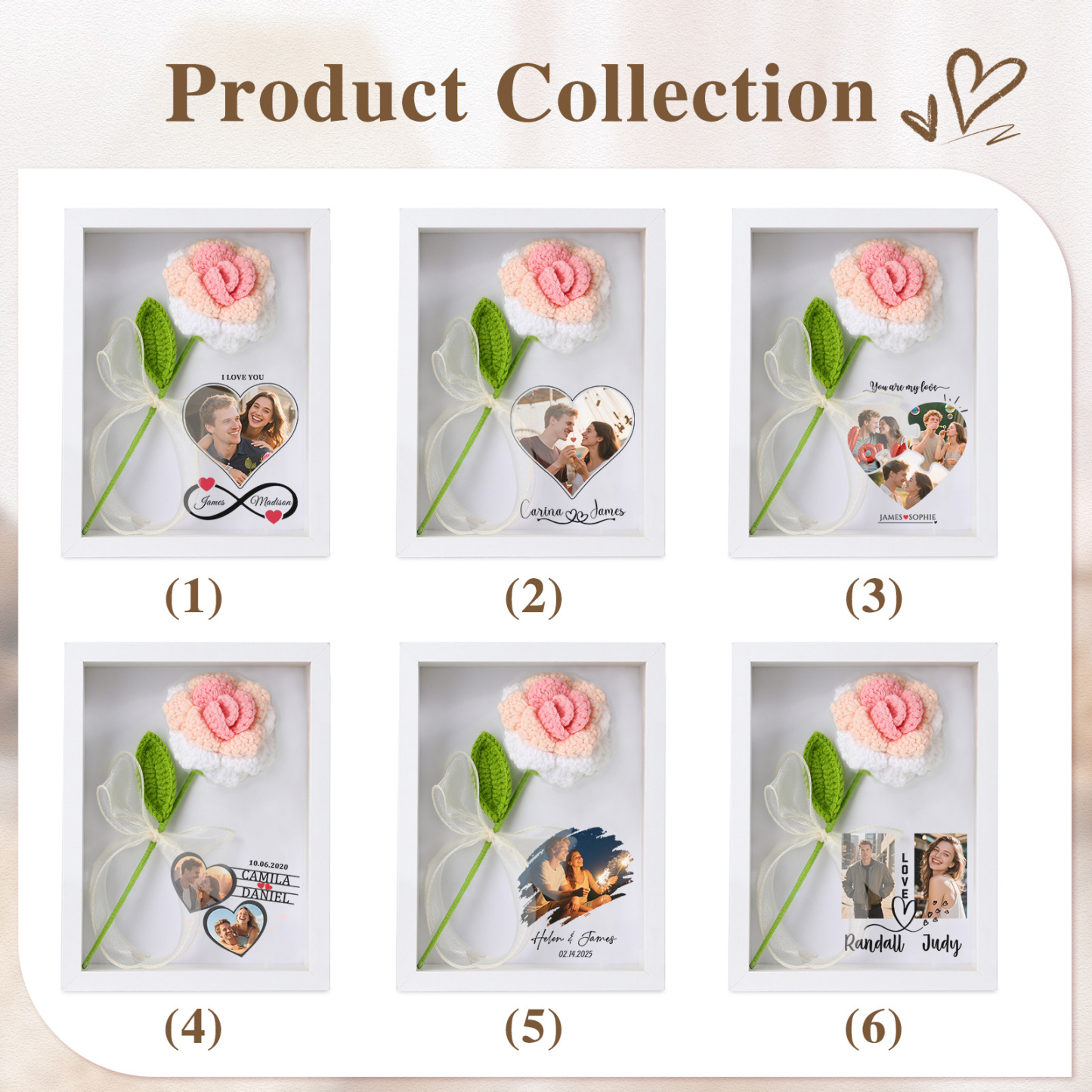 Personalisierter 3D-Rahmen mit Häkelrose für Paare